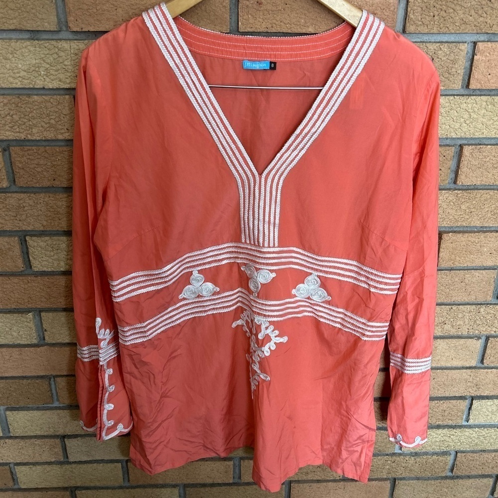 J. McLaughlin Embroidered Tunic Blouse Silk Blend Orange Long Sleeve Size 8